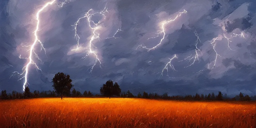 Image similar to lightning strikes a tree in the middle of a field, painting By Alena Aenami,