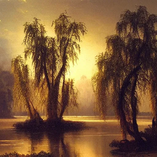 Prompt: oil painting of a willow tree next to a river by albert bierstadt, beautiful lighting - h 7 0 4