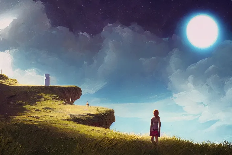 Image similar to giant white daisy flower blooming over head, girl standing on cliff, surreal photography, solar eclipse, stars, dramatic light, impressionist painting, clouds, digital painting, artstation, james gilleard, liam wong, jeremy mann, simon stalenhag