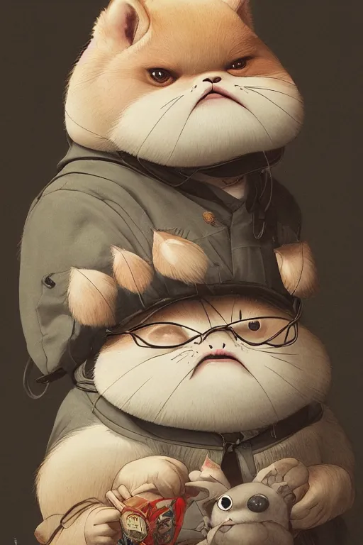 Image similar to a portrait of a fatty cute japanese animal illustrated by miyazaki by karol bak, james jean, tom bagshaw, rococo, sharp focus, trending on artstation, cinematic lighting, hyper realism, octane render, 8 k, hyper detailed, vivid, ultra detailed, highly detailed