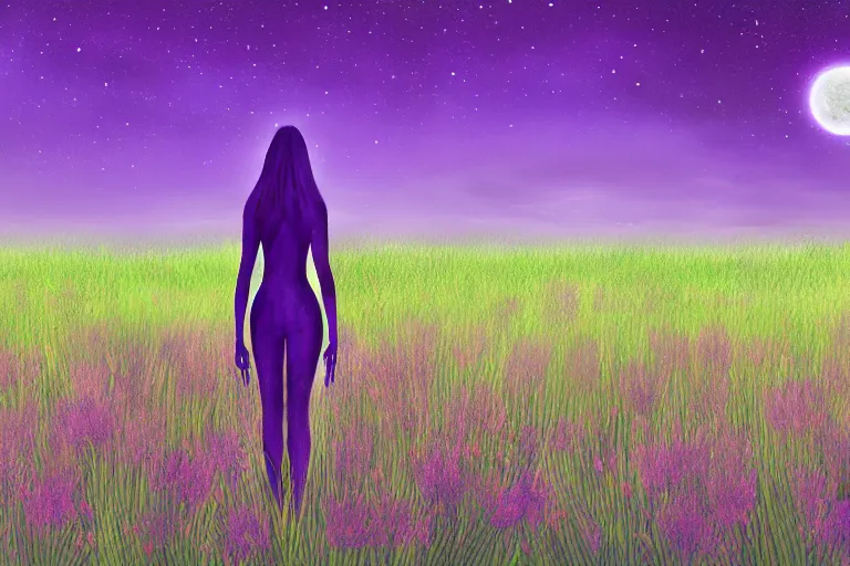 Image similar to a digital painting of a extraterrestrial alien female that's lost in a meadow, tall plants, purple lighting, night sky, glows, moonlight,