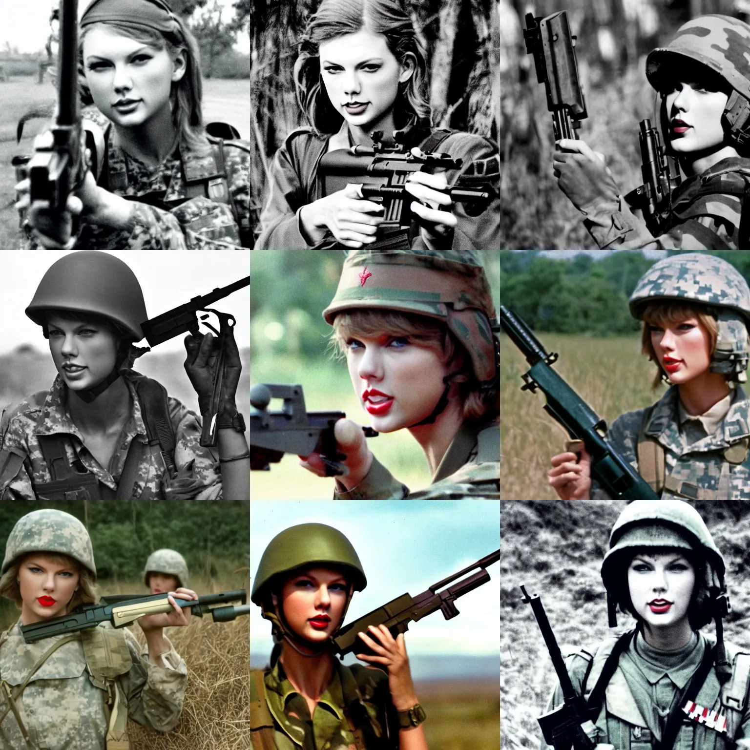 Prompt: taylor swift as a soldier in vietnam, film still, holding m 1 6, kodak, blue tint