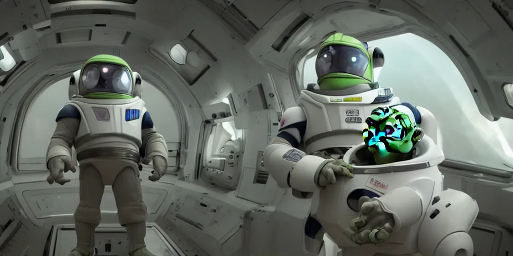 Image similar to a 3 d rendered movie still, wide - angle shot, 1 0 0 meter in the distance, baby yoda wearing a spacesuit, and exploring cosmos in a super awesome space ship. dramatic lighting, imax, 7 0 mm. science fiction blockbuster movie, buzz lightyear.