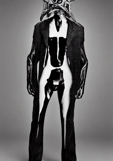 Image similar to an award - winning photo of an ancient male model wearing a plain designer menswear jacket inspired by h. r. giger designed by alexander mcqueen