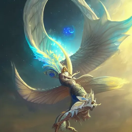 Image similar to A highly detailed cosmic white wyvern with ornate wings of light and stardust by Peter Mohrbacher, a background of celestial bodys, unreal engine, trending on artstation