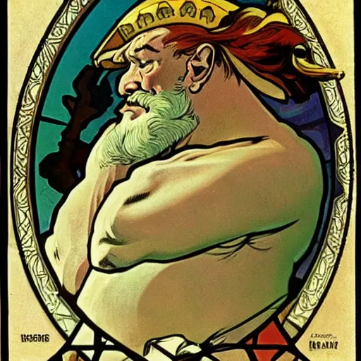 Prompt: Obelix posing without his helmet on by Alphonso Mucha