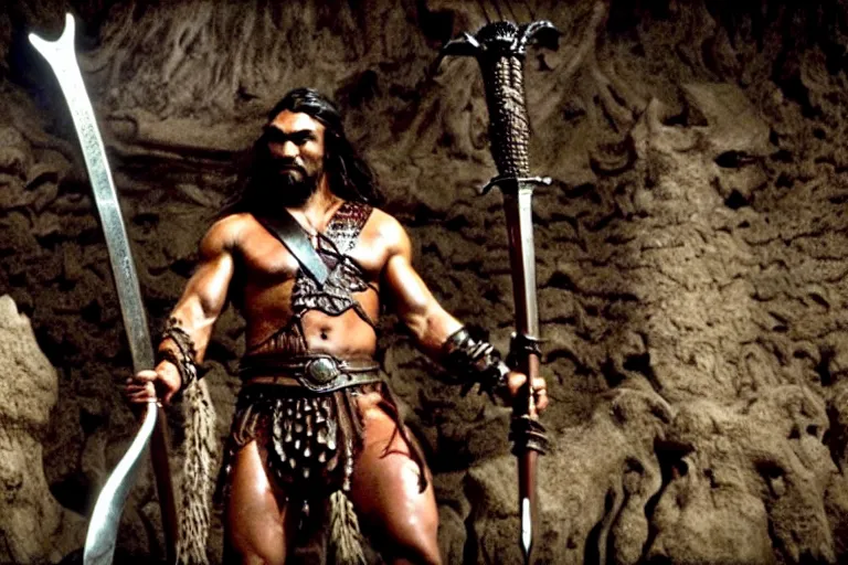 Image similar to 7 0 mm film still from conan the barbarian, jason momoa as conan holding a giant sword with both hands above his head wearing ornate dragon armor, in the wet catacombs of skulls and snakes, cinematic, volumetric lighting, mist, wet skin and windblown hair, muscular!!!, heroic masculine pose, ridley scott