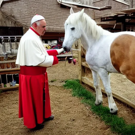 Prompt: guy fieri dressed as the pope cleaning a horse stall, a horse is staring at him while he is doing his work, award winning photo,