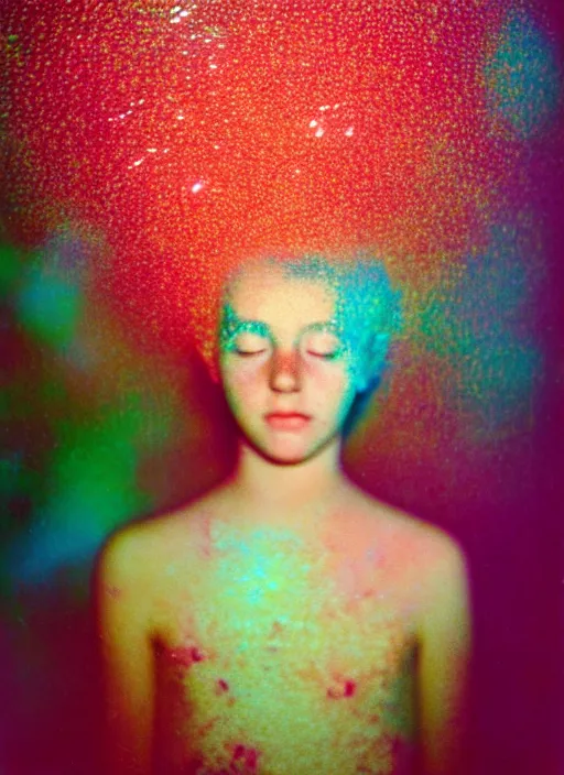 Prompt: realistic photo of a blurred face of a girl, covered in shriveling dead semi - translucent iridescent coral reef, emitting aura, 1 9 6 0, life magazine photo, natural colors, metropolitan museum, kodak, 8 k, very detailed, high resolution, product photo,