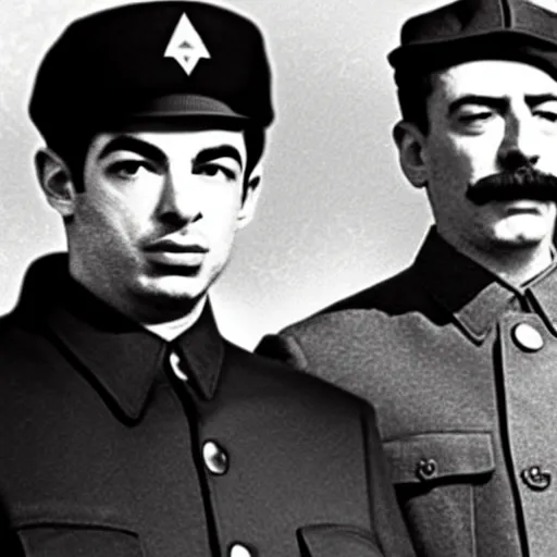 Image similar to Nathan For You, Nathan Fielder, Standing next to Joseph Stalin, Winter coats, somber solemn black and white photo