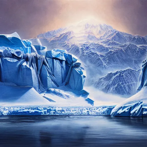 Image similar to mysteries of Antarctica glacial cult mountain god, realistic fantasy, oil painting, primeval duality, cinematic, establishing shot, extremely high detail, photo realistic, cinematic lighting, oil painting, intricate line drawings, 8k resolution