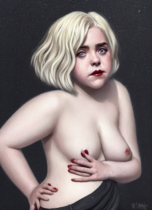 Image similar to full body portrait, kiernan shipka as sabrina spellman, white hair, obese, bangs, sultry, realistic, sultry smirk, fluffy bangs, freckles, fat, belly, intricate, elegant, highly detailed, digital painting, artstation, concept art, smooth, sharp focus, illustration, art by wlop, mars ravelo and greg rutkowski