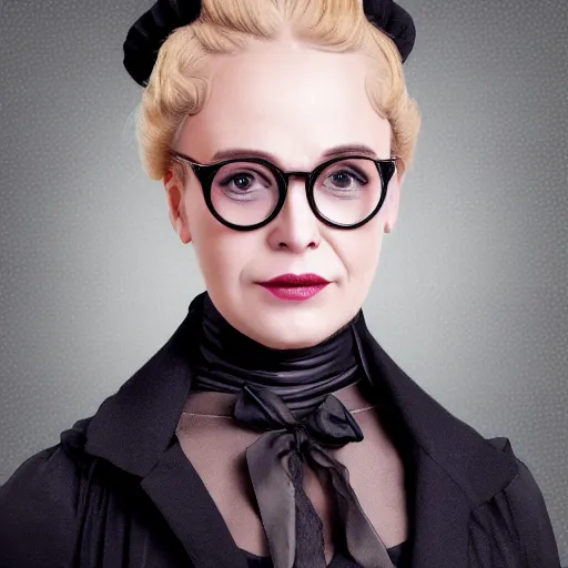 Prompt: a severe middle aged french woman with blonde hair tied in a strict bun, spectacles, lots of makeup, rich, victorian outfit, character portrait, digital art, high quality, 8 k, detailed, d & d character,
