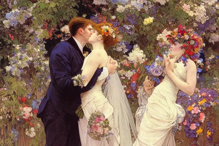 Image similar to the groom kisses the bride at a wedding full of flowers, bright and happy, dreamlike art, highly detail, 4 k realistic, wedding photoy krenz cushart. artem demura. alphonse mucha. yoji shinkawa artgerm. jon lothian. danilo torres. adi meyers. thomas reimann. gaston bussiere.