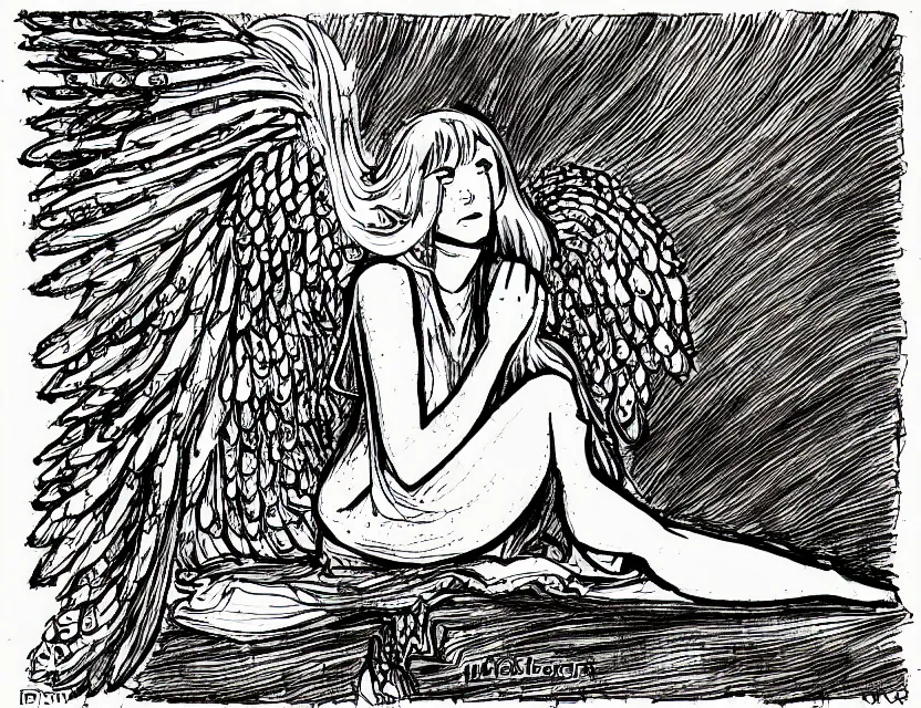 Prompt: angel of listlessness lazying around. heavily stylized, ink and gouache by indie cartoonist. backlighting, chiaroscuro, intricate details.