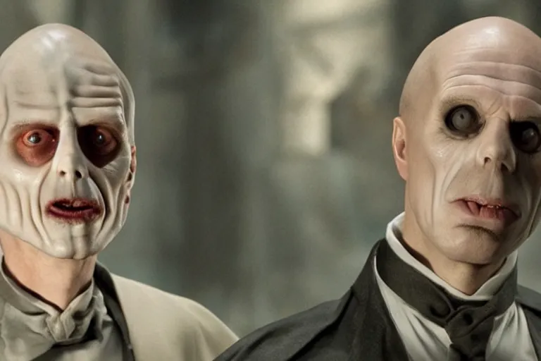 Image similar to film still of Steve Buscemi as Lord Voldemort with no nose in Harry Potter movie