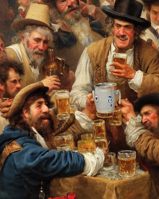 Image similar to a painting of mel gibson holding a mug of beer at the oktoberfest, a detailed painting by konstantin makovsky and by jan matejko and by nikolay makovsky, shutterstock contest winner, german romanticism, detailed painting, oil on canvas, wimmelbilder