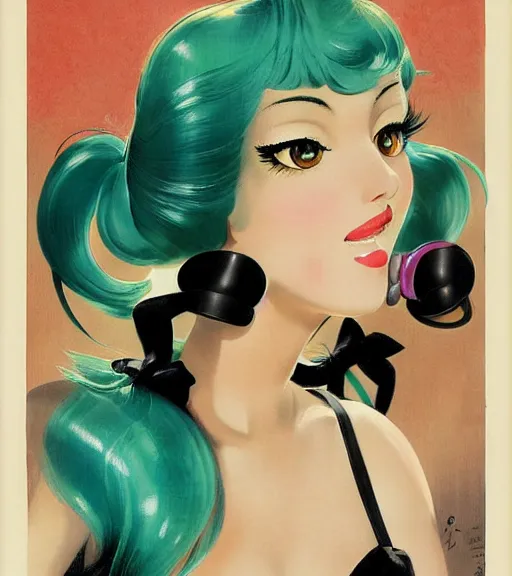 Prompt: Hatsune miku by Gil Elvgren, Enoch Bolles