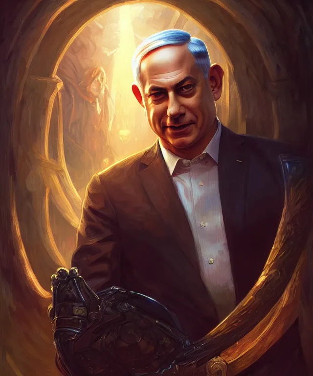 Prompt: Benjamin Netanyahu as a fantasy magic man portrait, sci-fi, amber eyes, face, long hair, fantasy, intricate, elegant, highly detailed, digital painting, artstation, concept art, smooth, sharp focus, illustration, art by artgerm and greg rutkowski and alphonse mucha