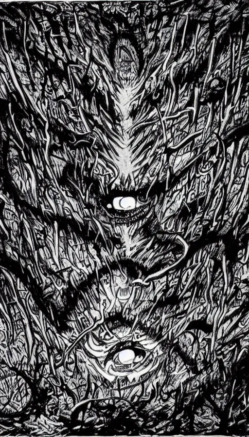 Image similar to a storm vortex made of many demonic eyes and teeth over a forest, by akira toriyama