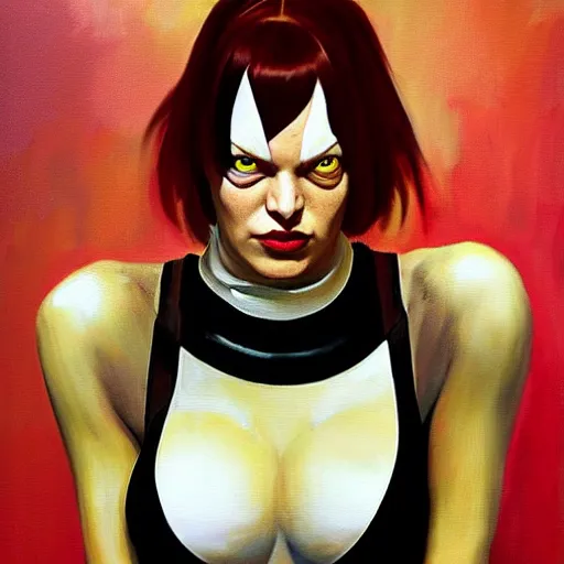 Image similar to greg manchess portrait painting of milla jovovich as leeloo from the 5 th element as overwatch character, medium shot, asymmetrical, profile picture, organic painting, sunny day, matte painting, bold shapes, hard edges, street art, trending on artstation, by huang guangjian, gil elvgren, ruan jia, randy vargas, greg rutkowski