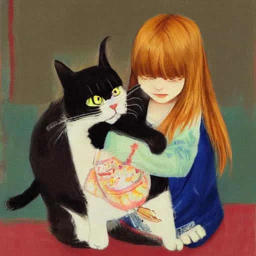 Image similar to Two girls attempt to hold an angry cat, painting by Yoshitomo Nara