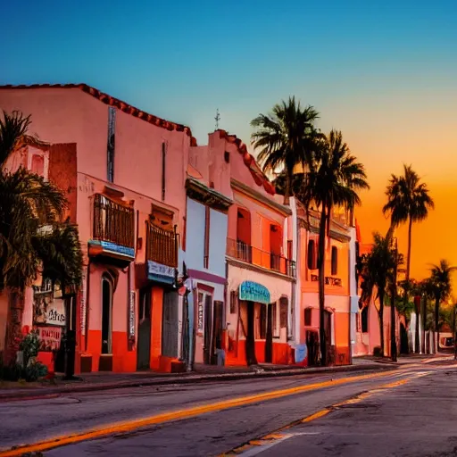 Prompt: a very high quality photo of a beautiful hispanic town during sunset