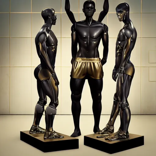 Image similar to a realistic detailed photo of a guy who is an attractive humanoid who is half robot and half humanoid, who is a male android, attractive and handsome soccer players, shiny skin, posing like a statue, blank stare, in a factory, on display, showing off his muscles, gold soccer shorts, side view, looking at each other mindlessly