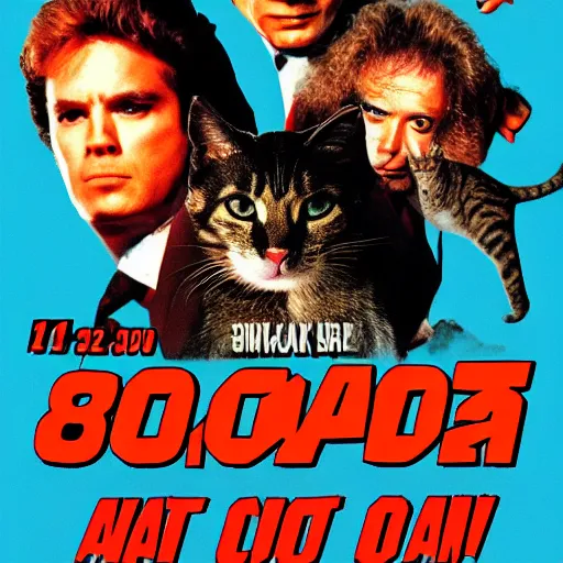 Prompt: poster for an 8 0 s action film where the main character is a cat