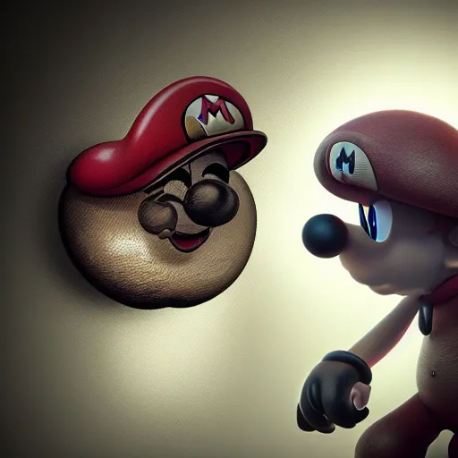 Prompt: portrait of hyper realistic mario world with angry expression, round face, detailed skin, conceptart, dramatic lighting, photography, shot from upside, black background color, mushroom face tatoo, unreal engine