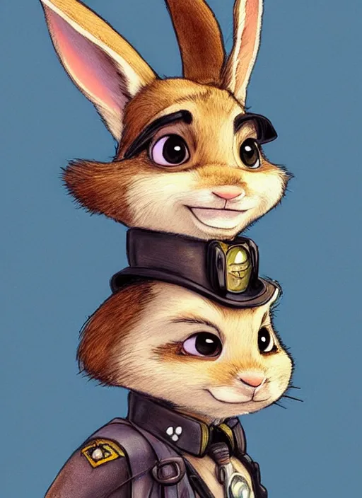 Image similar to cute rabbit wearing steampunk police suits, judy from zootopia, character, closeup headshot, sketch portrait by jean - baptiste monge