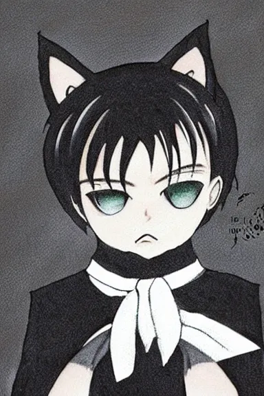 Prompt: attractive little boy in black cat suit with cape, black and white artwork made by hiroshiko araki,