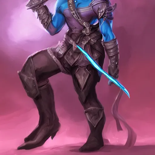 Image similar to D&D character concept art of a tiefling, tiefling rogue, blue skin color with short horns and a devil tail, casual pose of a Rogue holding daggers, full body pose, soft colors, fantasy, intricate, elegant, highly detailed, digital painting, artstation, concept art, smooth, sharp focus, illustration