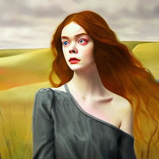 Prompt: Elle Fanning in the painted world of Suspiria, head and shoulders masterpiece, apocalypse, golden hour, cosmic horror, artstation, in the style of Andrew Wyeth and Edward Hopper and Bosch, extremely detailed