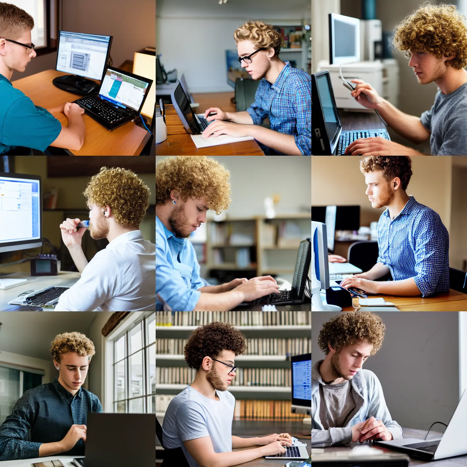 Prompt: a young man with curly blonde hair works diligently on his computer