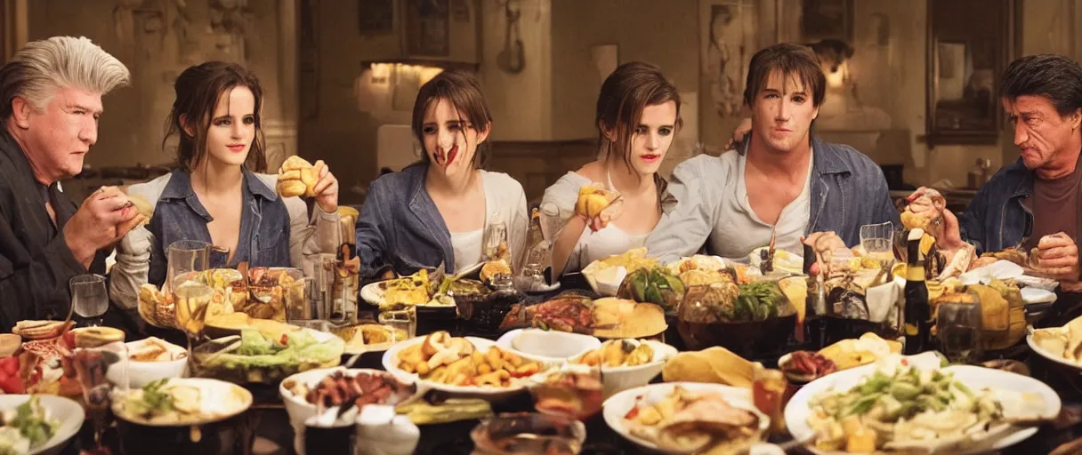 Prompt: photo of family dinner emma watson, david lynch, sylvester stallone, eating bananas, realistic, detailed, emma watson, artsation 4 k