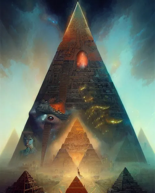 Image similar to a large pyramid made of pyramids and eyes fantasy character portrait, ultra realistic, wide angle, intricate details, blade runner artifacts, highly detailed by peter mohrbacher, boris vallejo, hajime sorayama aaron horkey, gaston bussiere, craig mullins