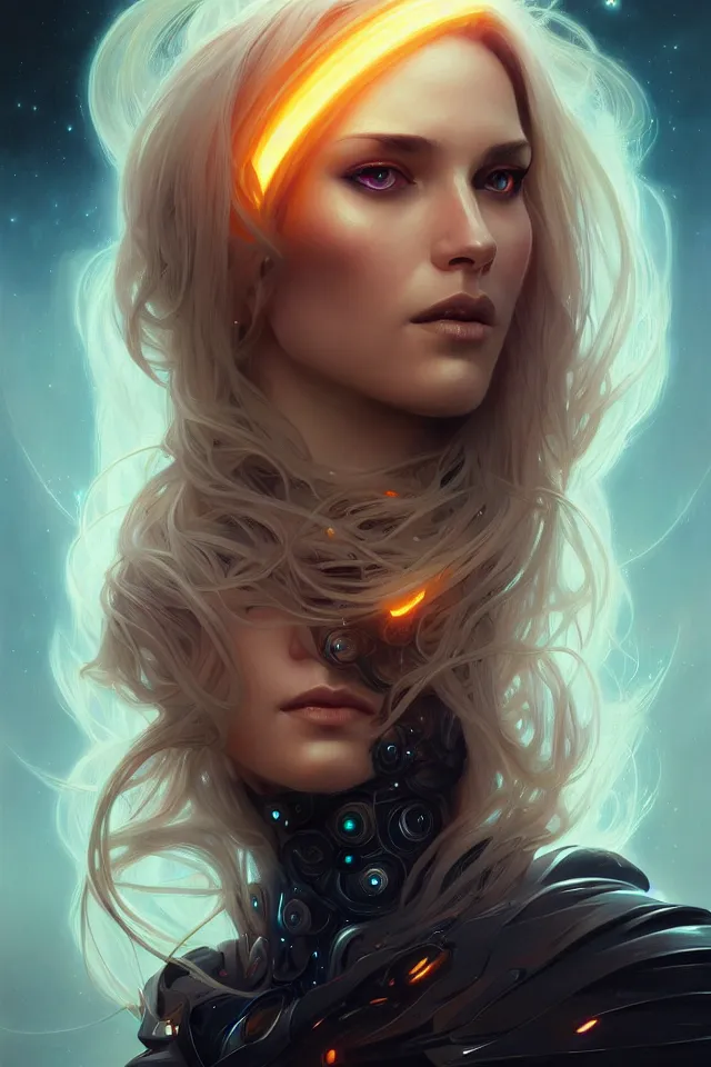 Image similar to futuristic woman portrait, sci-fi, amber eyes, face, long hair, fantasy, intricate, elegant, highly detailed, digital painting, artstation, concept art, smooth, sharp focus, illustration, art by artgerm and greg rutkowski and alphonse mucha