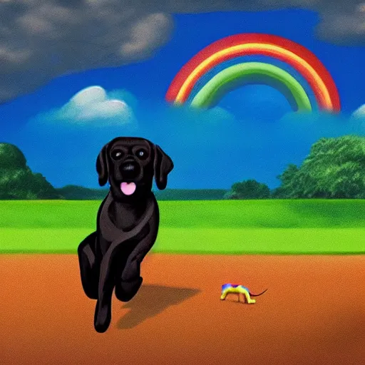 Prompt: adorable black lab chasing a hotdog across a rainbow, very detailed, 4 k, by disney