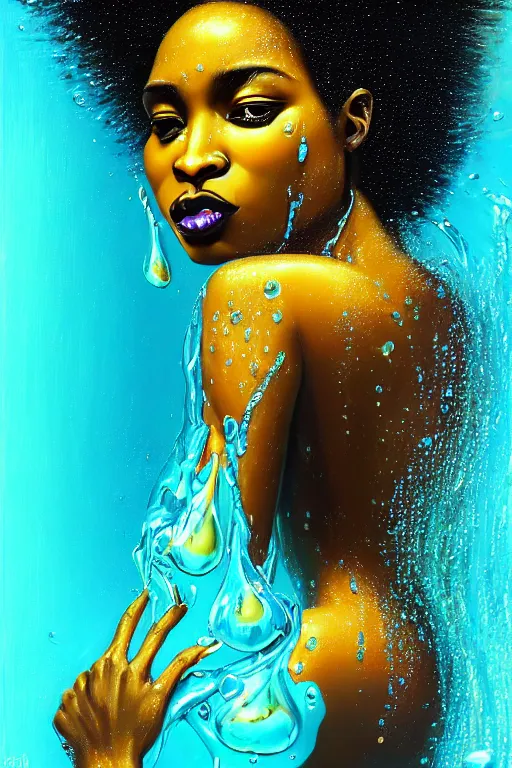 Prompt: hyperrealistic precisionist cinematic profile very expressive! black oshun goddess, in water! up to shoulders, mirror dripping droplet!, gold flowers, highly detailed face, digital art masterpiece, smooth eric zener cam de leon, dramatic pearlescent turquoise light on one side, low angle uhd 8 k, shallow depth of field