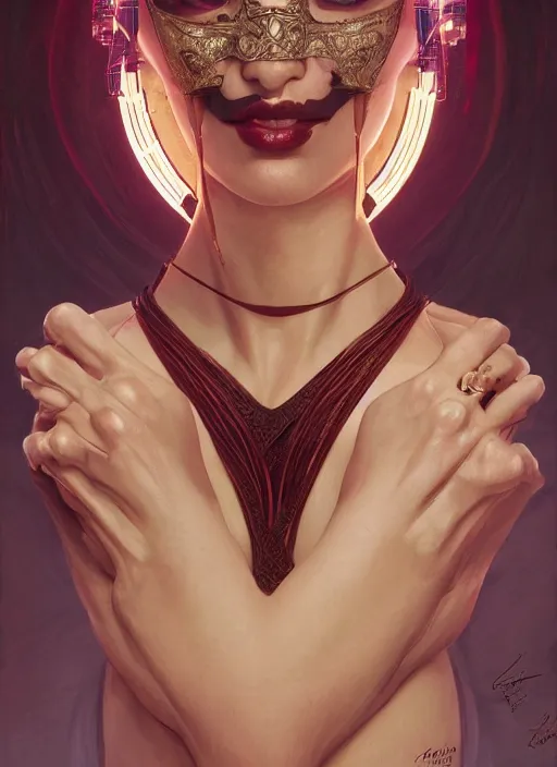 Image similar to symmetry!! kitana, machine parts embedded into face, intricate, elegant, highly detailed, digital painting, artstation, concept art, smooth, sharp focus, illustration, art by artgerm and greg rutkowski and alphonse mucha, 8 k