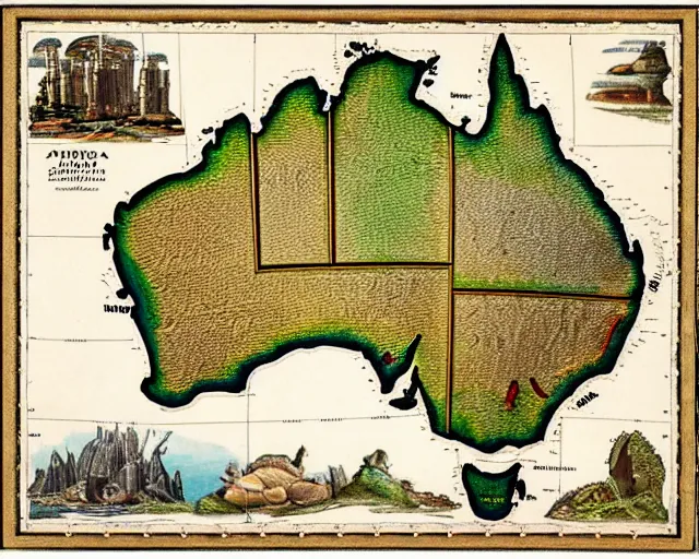 Prompt: recently rediscovered map of Australia, 16k scan, colorized, beautiful, intricate detail,