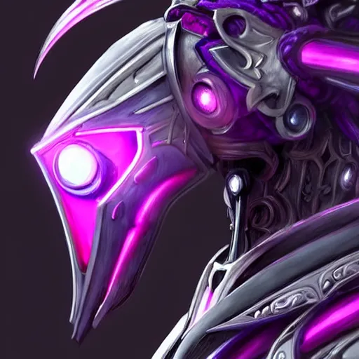 Prompt: highly detailed exquisite fanart, of a beautiful female warframe, but as a robot dragon with glowing purple eyes, shiny silver armor with fuchsia accents, engraved, elegant pose, close-up shot, epic cinematic shot, sharp claws for hands, professional digital art, high end digital art, singular, realistic, DeviantArt, artstation, Furaffinity, 8k HD render