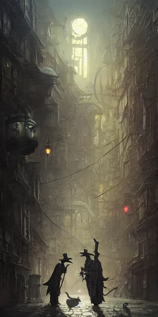 Prompt: a plague doctor and a humanoid rat in a sewer city, stephen bliss, unreal engine, fantasy art by greg rutkowski, loish, rhads, ferdinand knab, makoto shinkai and lois van baarle, ilya kuvshinov, rossdraws, tom bagshaw, alphonse mucha, global illumination, radiant light, detailed and intricate environment