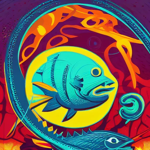 Image similar to one stylized fish in center of view, viewed in profile, dark ocean, complex patterns, artstation, intricate, realistic, highly detailed, digital painting, concept art, sharp focus, illustration by tom whalen and charles williams and kilian eng and james jean