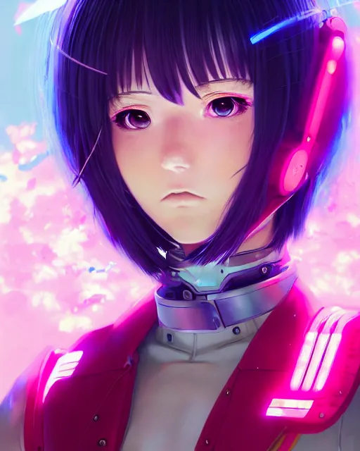 Image similar to portrait Anime Commander Girl Neon-cybernetic cute-fine-face, pretty face, realistic shaded Perfect face, fine details. Anime. Battle field battlefield realistic shaded lighting by katsuhiro otomo ghost-in-the-shell, magali villeneuve, artgerm, rutkowski Jeremy Lipkin and Giuseppe Dangelico Pino and Michael Garmash and Rob Rey