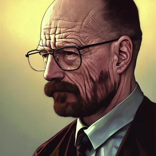 Image similar to high quality illustration, walter white realistic portrait, by etam cru, cyberpunk, alphonse mucha, riot game, beautiful, epic camera, colorful background, arcane, league of legend, digital painting, dynamic colors, artstation, concept art, neon