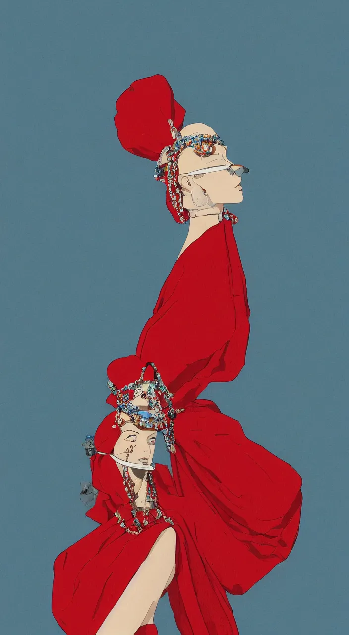 Prompt: a female character design wearing high fashion, beads hanging over her face like an alexander mcqueen headdress, haute couture, dior, and a red cape by kawase hasui, moebius, edward hopper and james gilleard, steven outram colorful flat design, hd, 8 k, artstation, high quality, ultra detailed