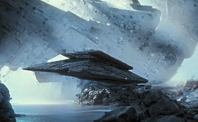 Prompt: iconic cinematic screenshot of star destroyer landing on waterfall canyon planet, from the action - packed scene from the 8 0 s star wars sci fi film by stanley kubrick, glowing, kodak film stock, 4 k, crisp, hyper detailed, photo real, anamorphic lenses 2 4 mm, lens flare,, award winning