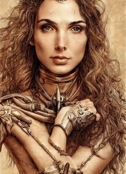 Image similar to highly detailed steampunk gal gadot with blond hair, standing, iron age : leonardo da vinci, greg rutkowski, magali villeneuve